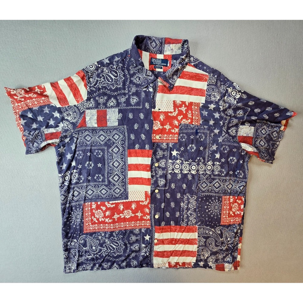 Vintage Polo Ralph Lauren Mens Shirt 2XL Blue Red Americana Patchwork Bandana - Picture 1 of 7